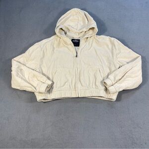 Hollister Off-White cropped corduroy zip up Hoodie Jacket, size L
